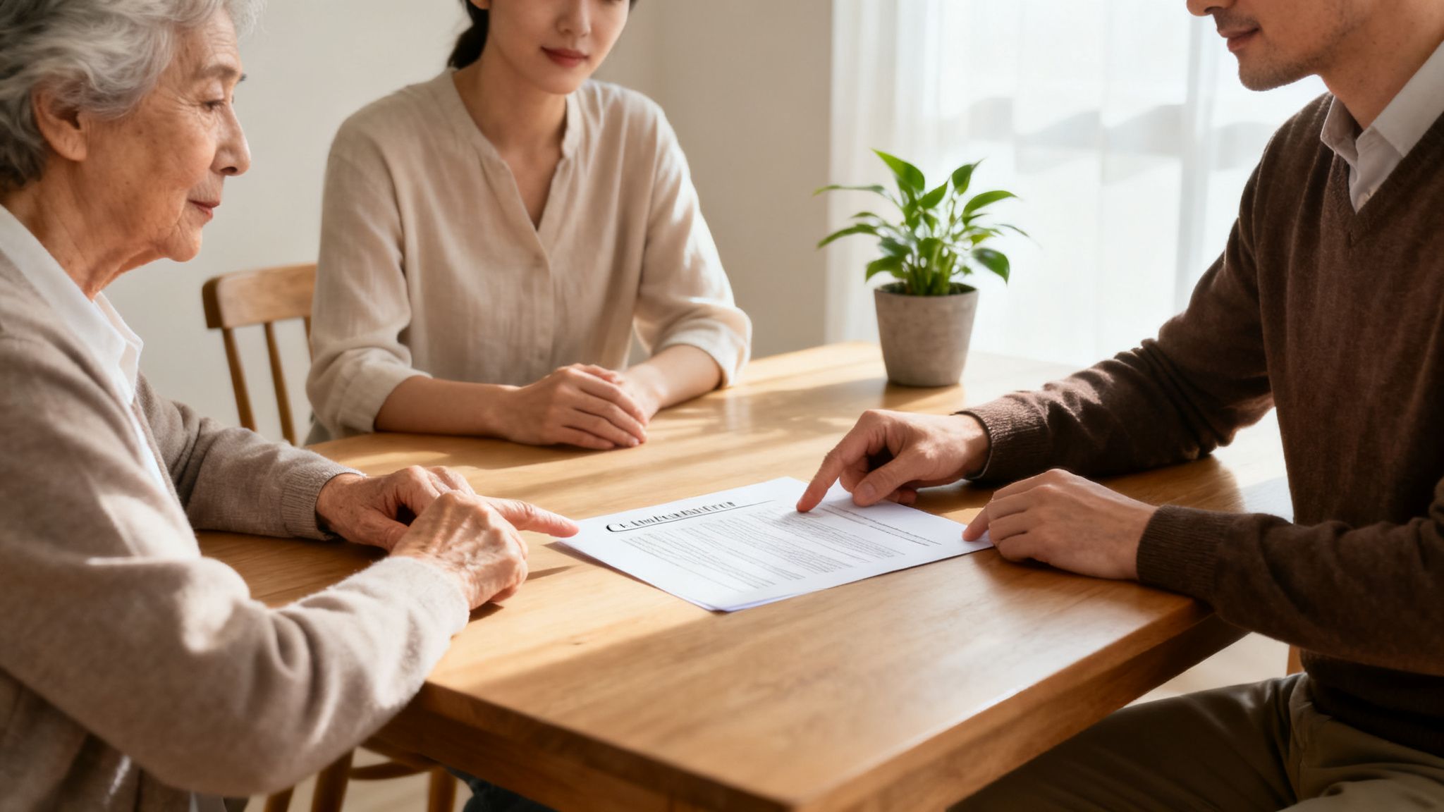 An elderly woman, a young woman, and a man discussing a contract at a wooden table.