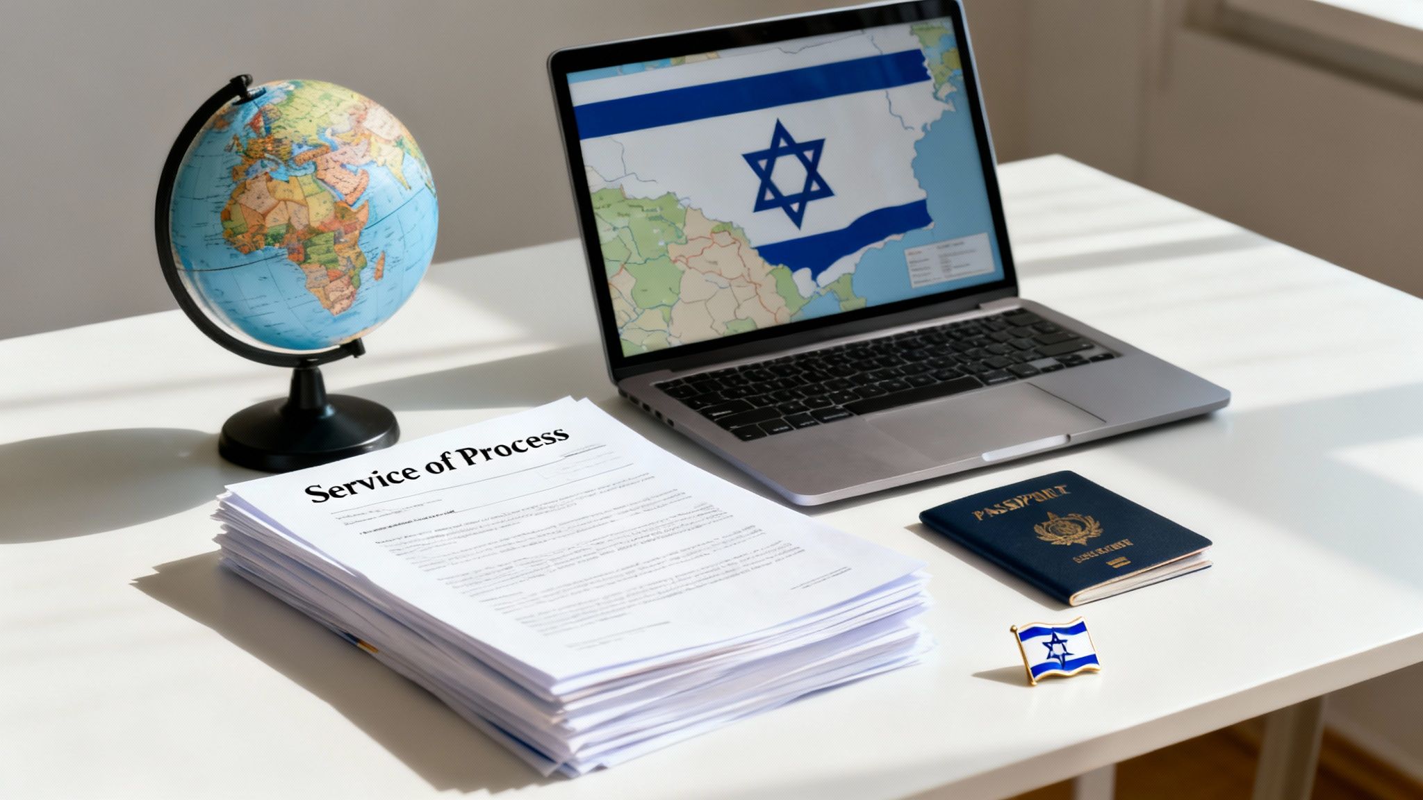 A desk with legal documents titled 'Service of Process', a globe, a laptop displaying the Israeli flag, and a passport.