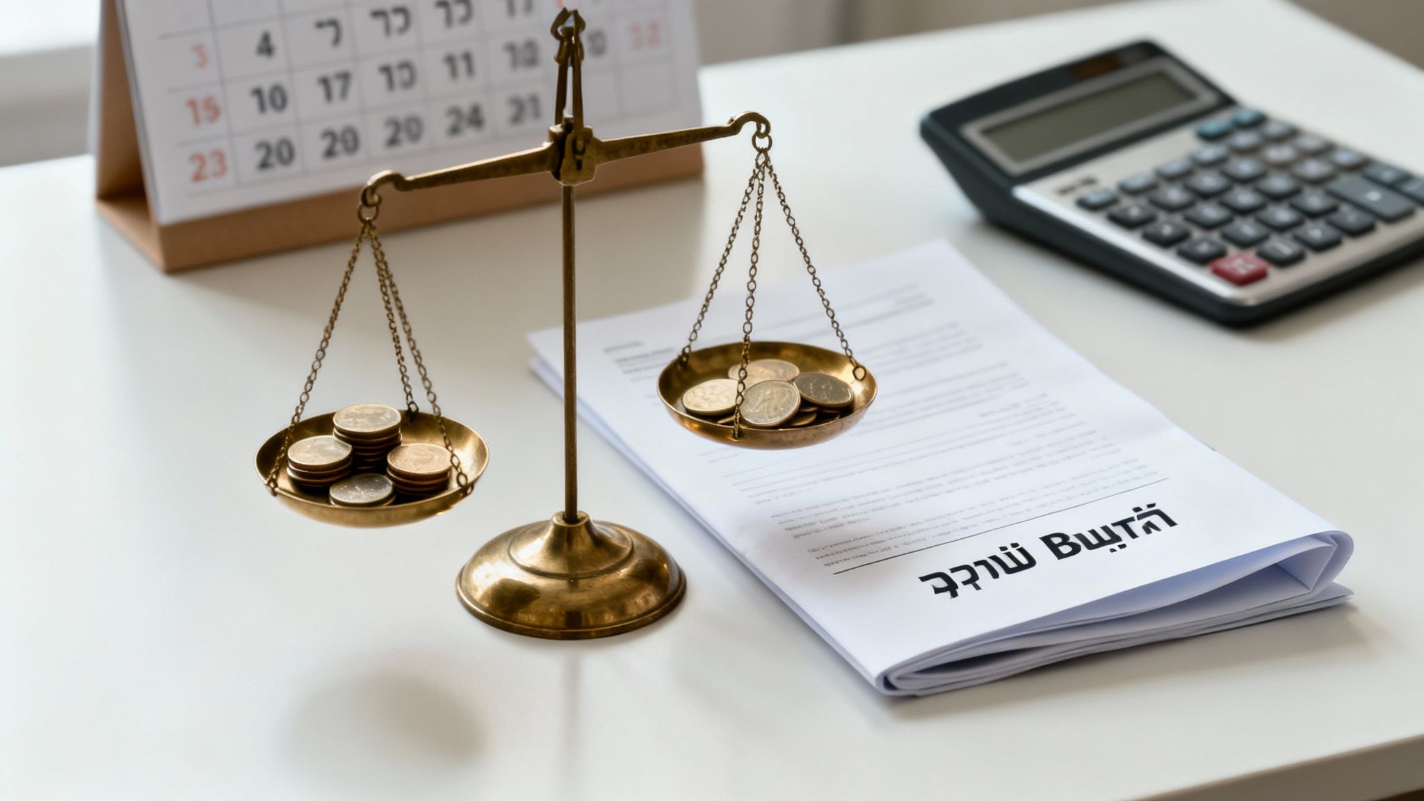Scales of justice balancing coins next to documents, a calendar, and a calculator, representing financial balance and agreement.