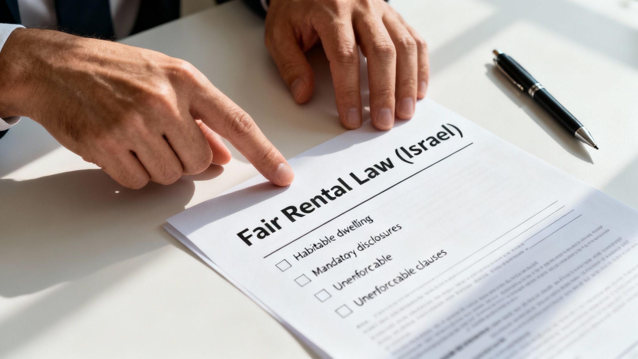 A hand points to a 'Fair Rental Law (Israel)' document detailing legal clauses and checkboxes.