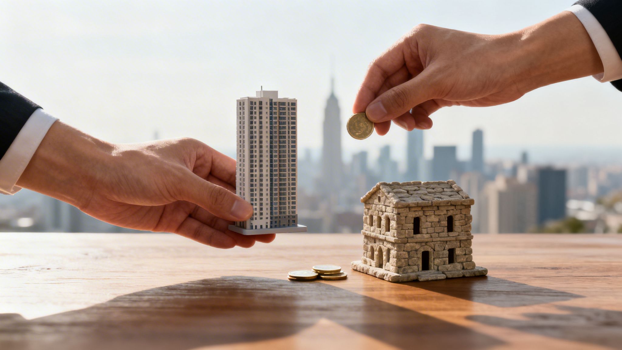 Two hands holding miniature building models and coins, representing real estate investment with city backdrop.