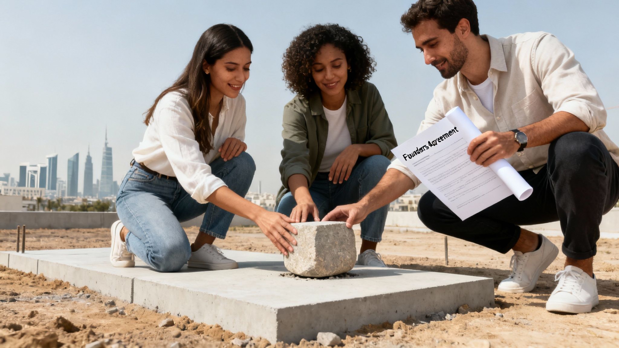 Three founders, two women and one man, placing a cornerstone at a construction site while reviewing a founders agreement.