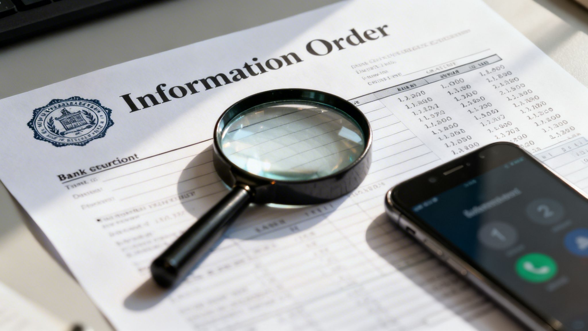 An "Information Order" document on a desk with a magnifying glass and a smartphone.