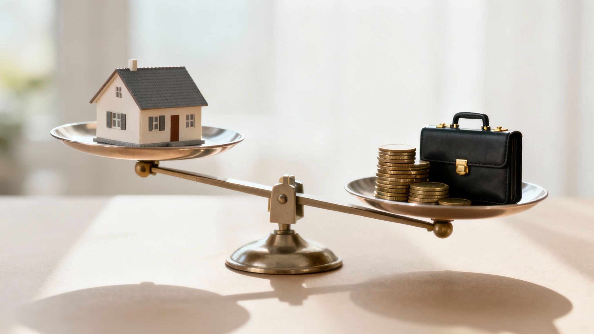A scale balances a miniature house against stacks of gold coins and a briefcase, symbolizing real estate value.