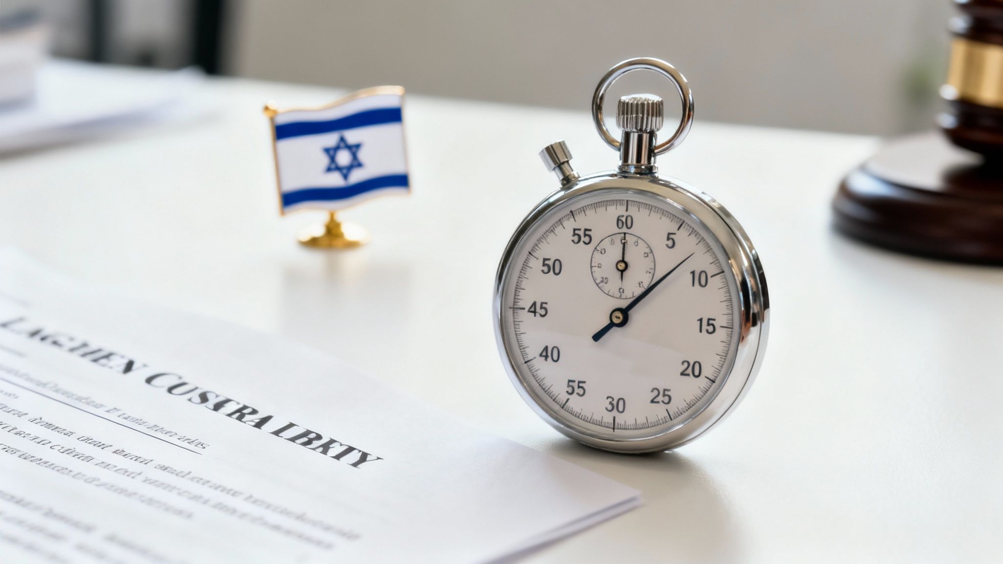 A stopwatch, Israeli flag, legal document, and gavel on a desk, symbolizing legal time limits.