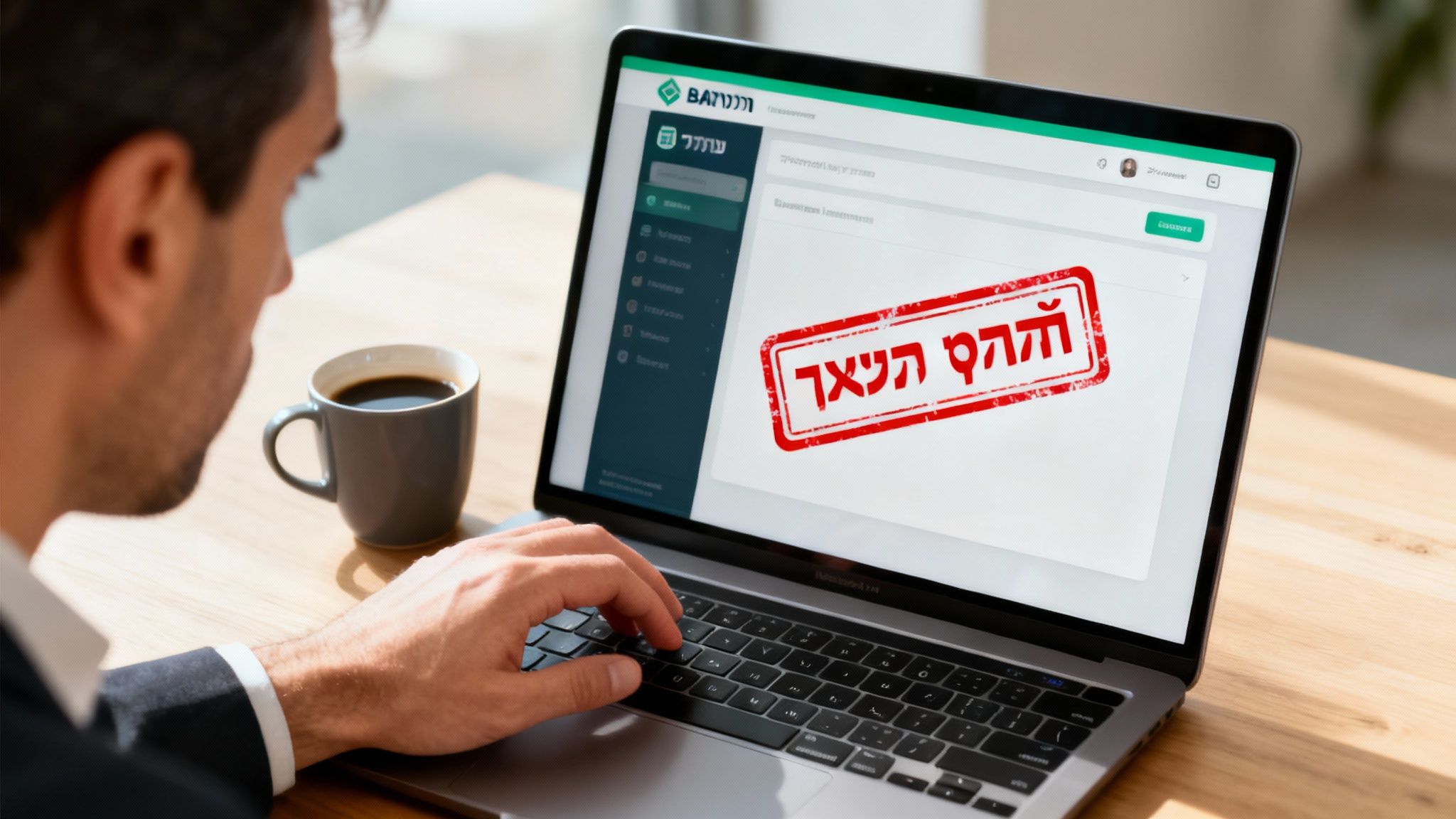 גבר עובד על מחשב נייד, צג המחשב מציג ממשק בנקאות עם חותמת "הקפ העצר" באדום.
