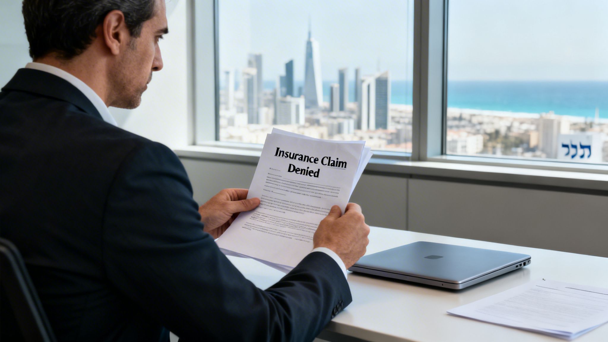 Man in a suit holds a document reading 'Insurance Claim Denied' in an office with a city and sea view.