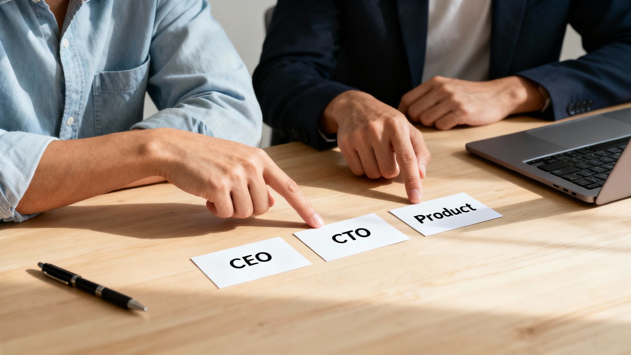 Two businesspeople discuss strategy, pointing at 'CEO', 'CTO', and 'Product' cards on a table.