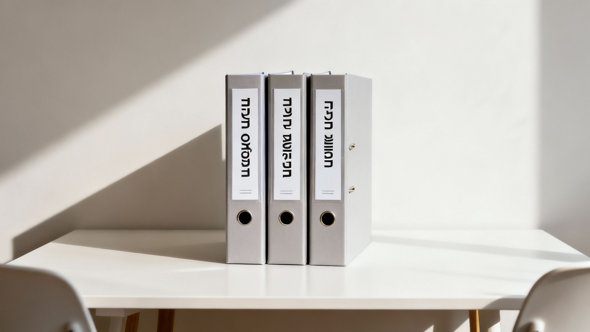 שלושה קלסרים אפורים עם כיתוב בעברית על שולחן לבן בחדר מואר, עם צללים על הקיר. מסמכים משרדיים.