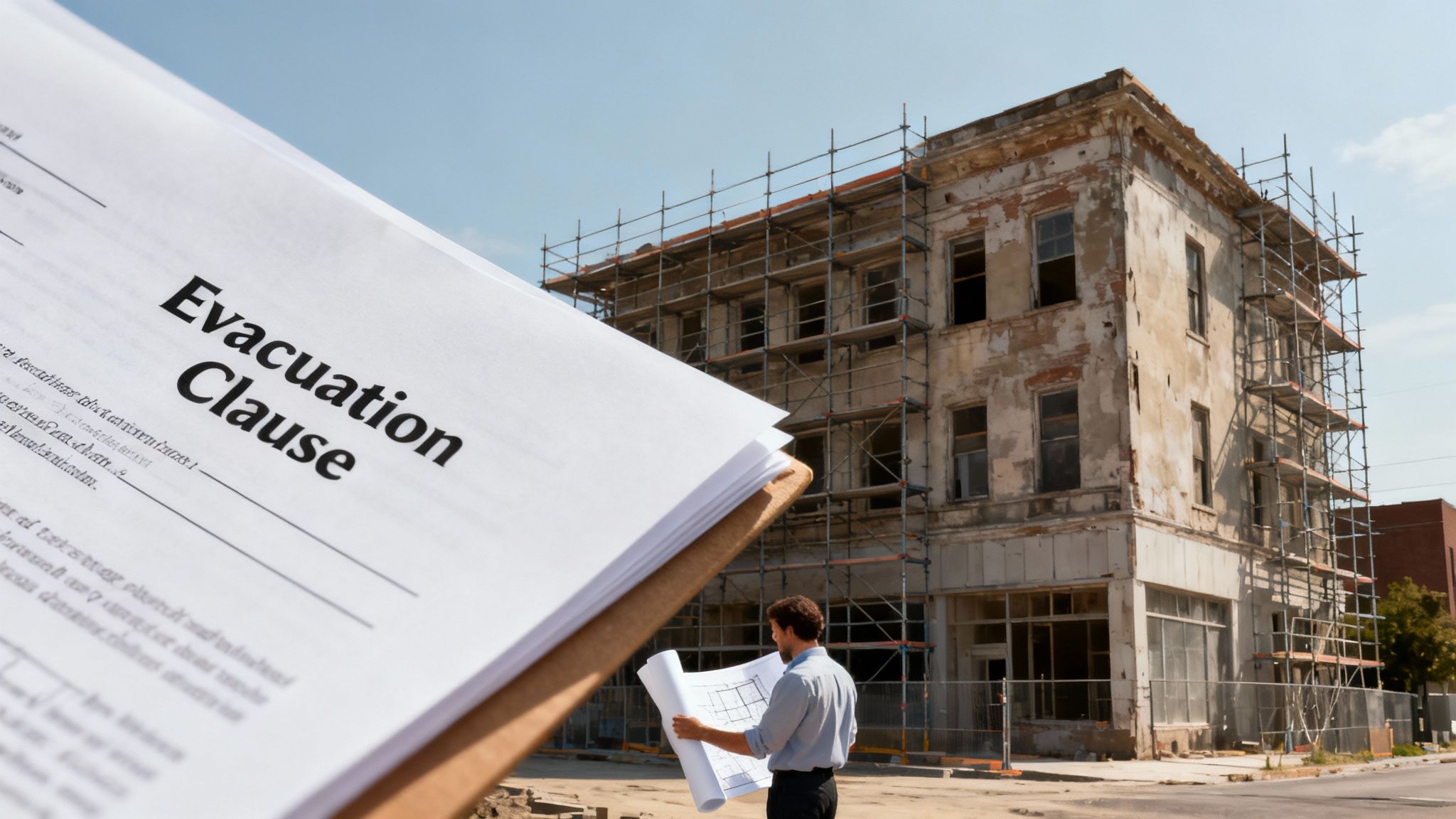 A document titled 'Evacuation Clause' is held in front of a building under renovation with scaffolding and a man looking at blueprints.