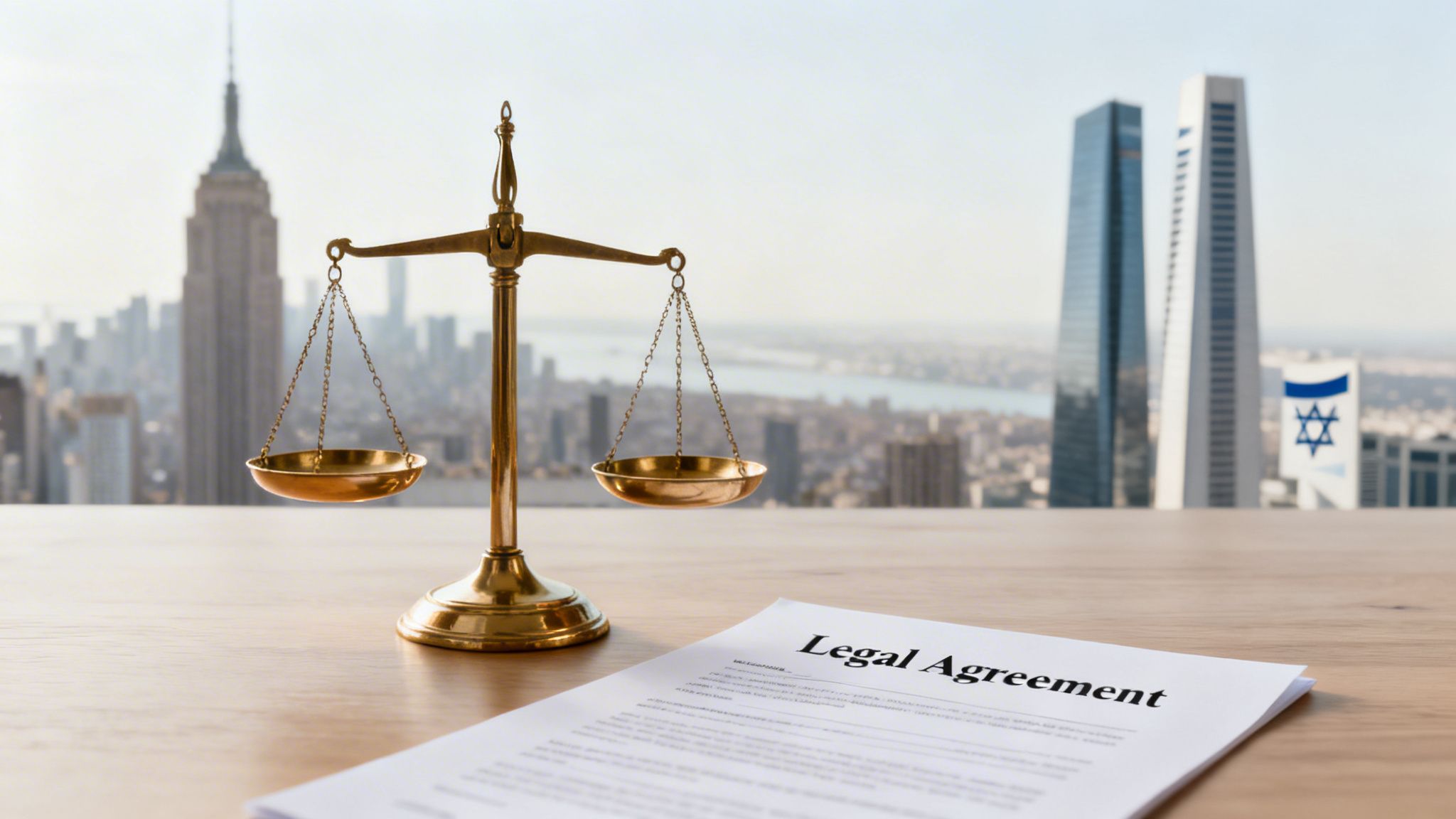 Scales of justice and a legal agreement on a table with an Israeli flag and city skyline.