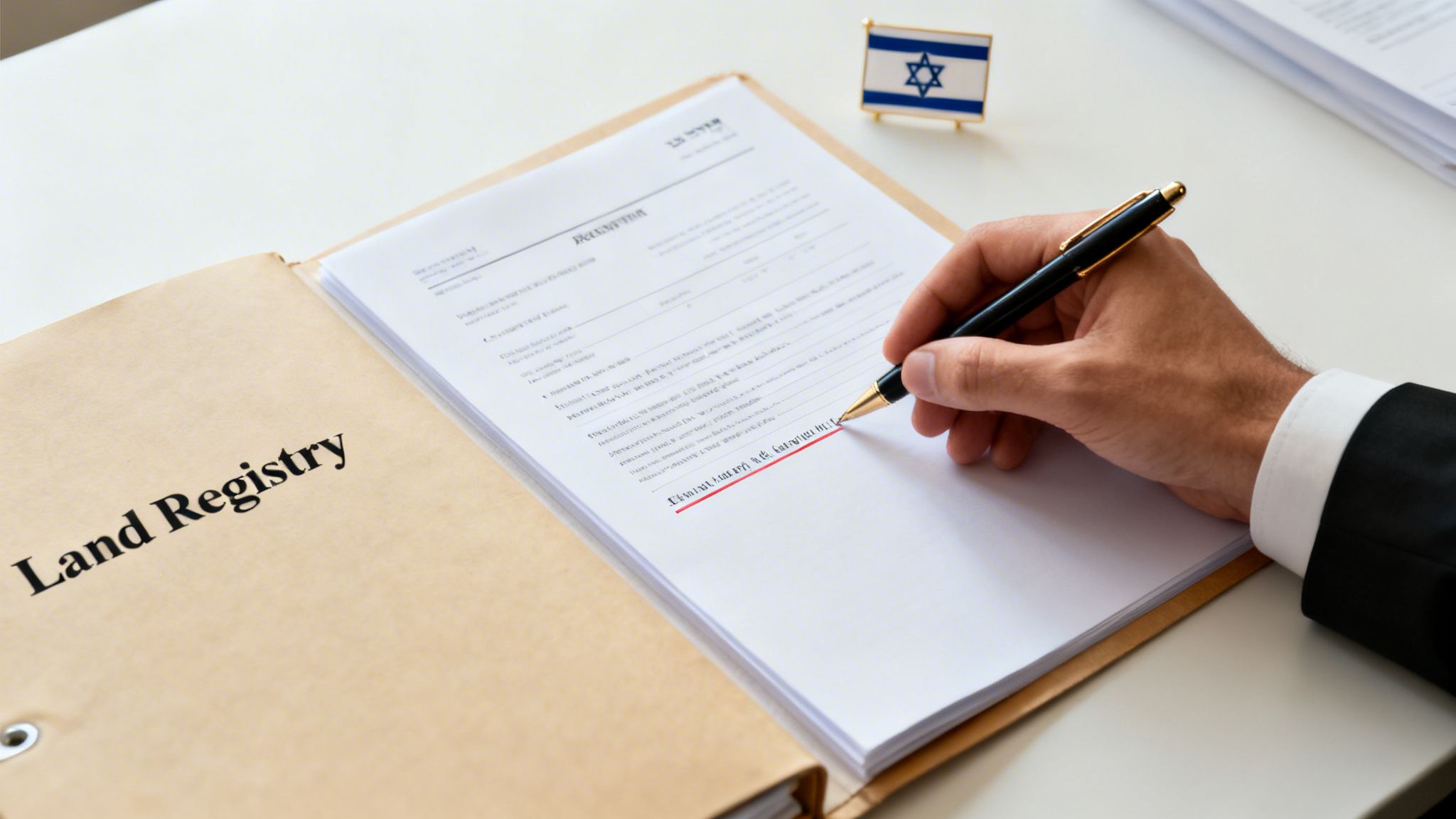 A person's hand signs a document in a 'Land Registry' folder, with an Israeli flag on the table.