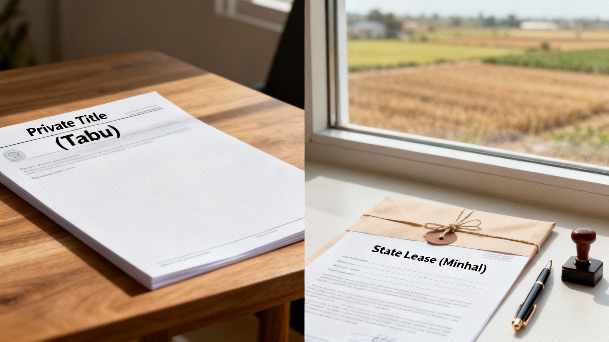Documents for Private Title (Tabu) and State Lease (Minhal) on a table and windowsill, overlooking agricultural land.