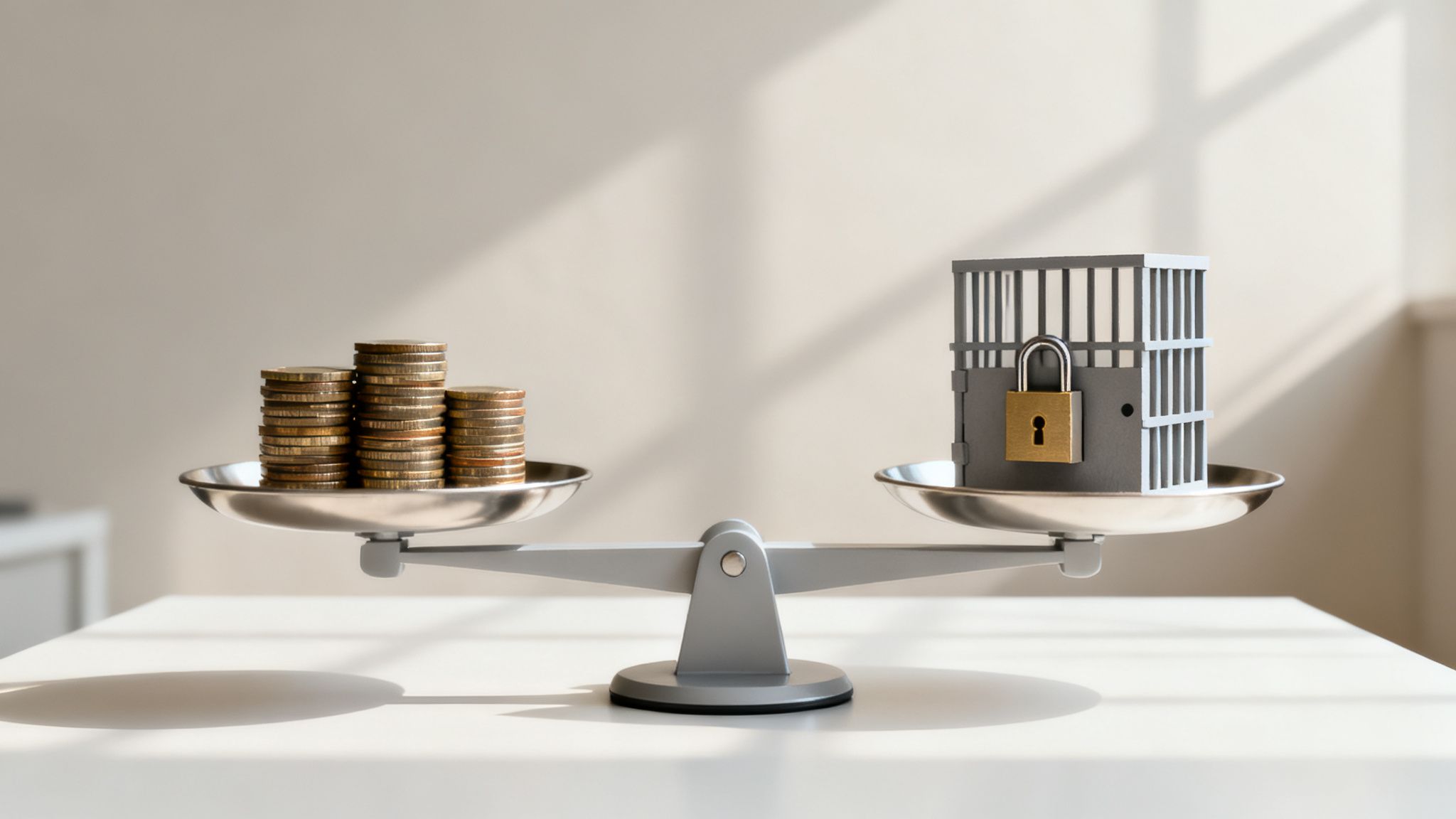 A balanced scale showing stacks of golden coins on one side and a locked miniature prison on the other.