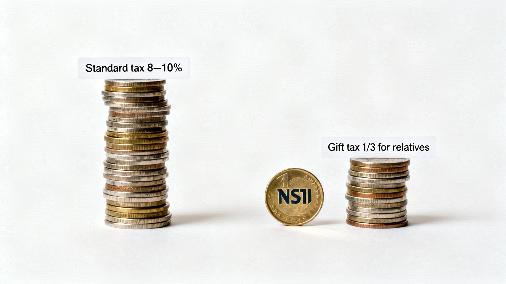 Stacks of coins illustrate a standard tax of 8-10% and a gift tax of 1/3 for relatives, with an NSII coin.
