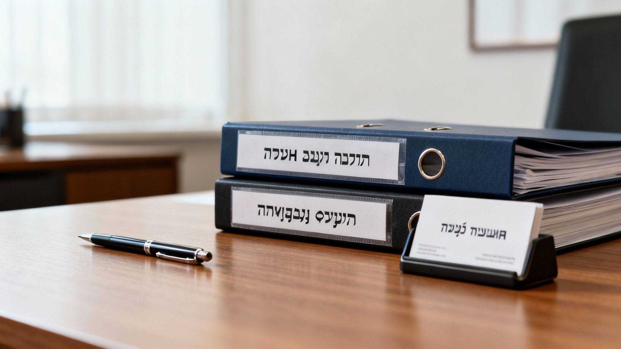 שולחן משרדי מעץ עם קלסרים, עט ומעמד לכרטיסי ביקור במשרד עורך דין.