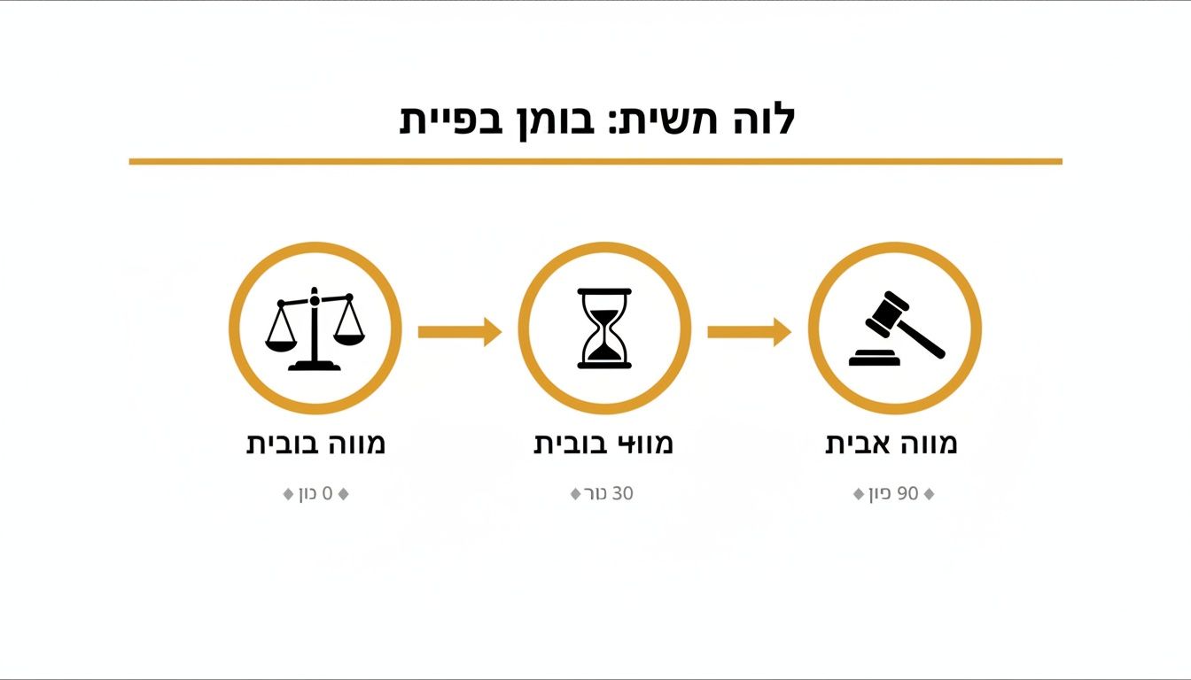 אינפוגרפיקה המציגה לוח זמנים לתהליך משפטי: מתחילה במאזני צדק (0), עוברת לשעון חול (30), ומסתיימת בפטיש שופטים (90).