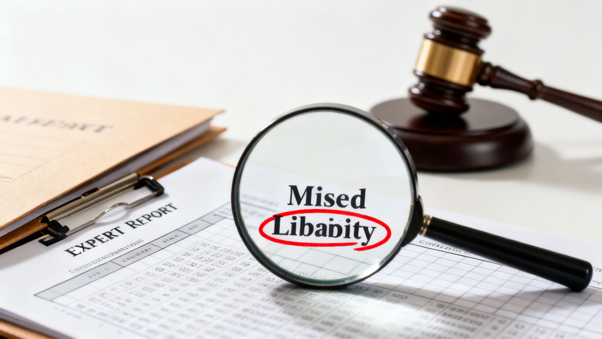 Magnifying glass highlights 'Mised Libabity' on an expert report with a judge's gavel.