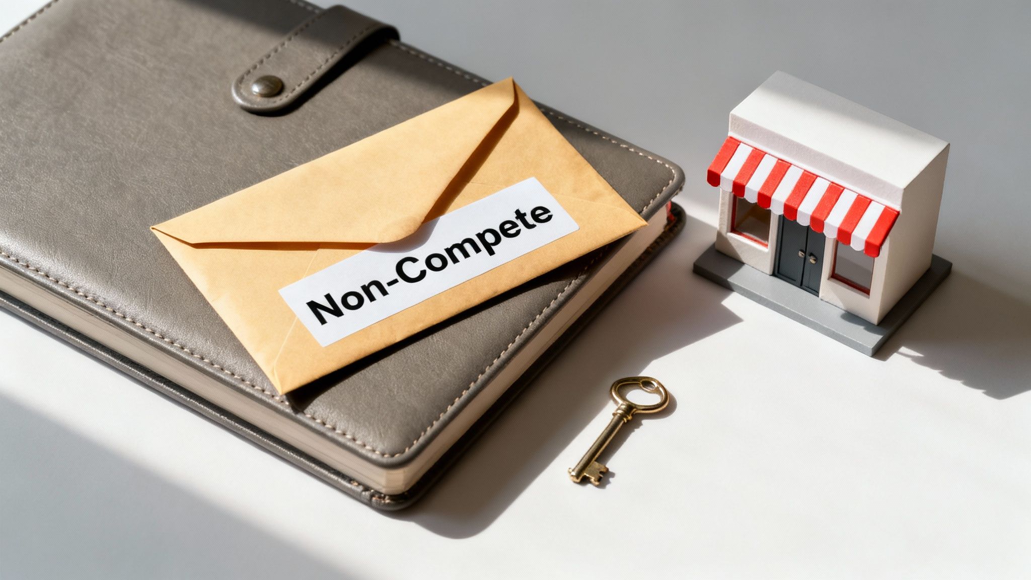 An envelope labeled 'Non-Compete' on a planner, next to a miniature shop and a golden key.