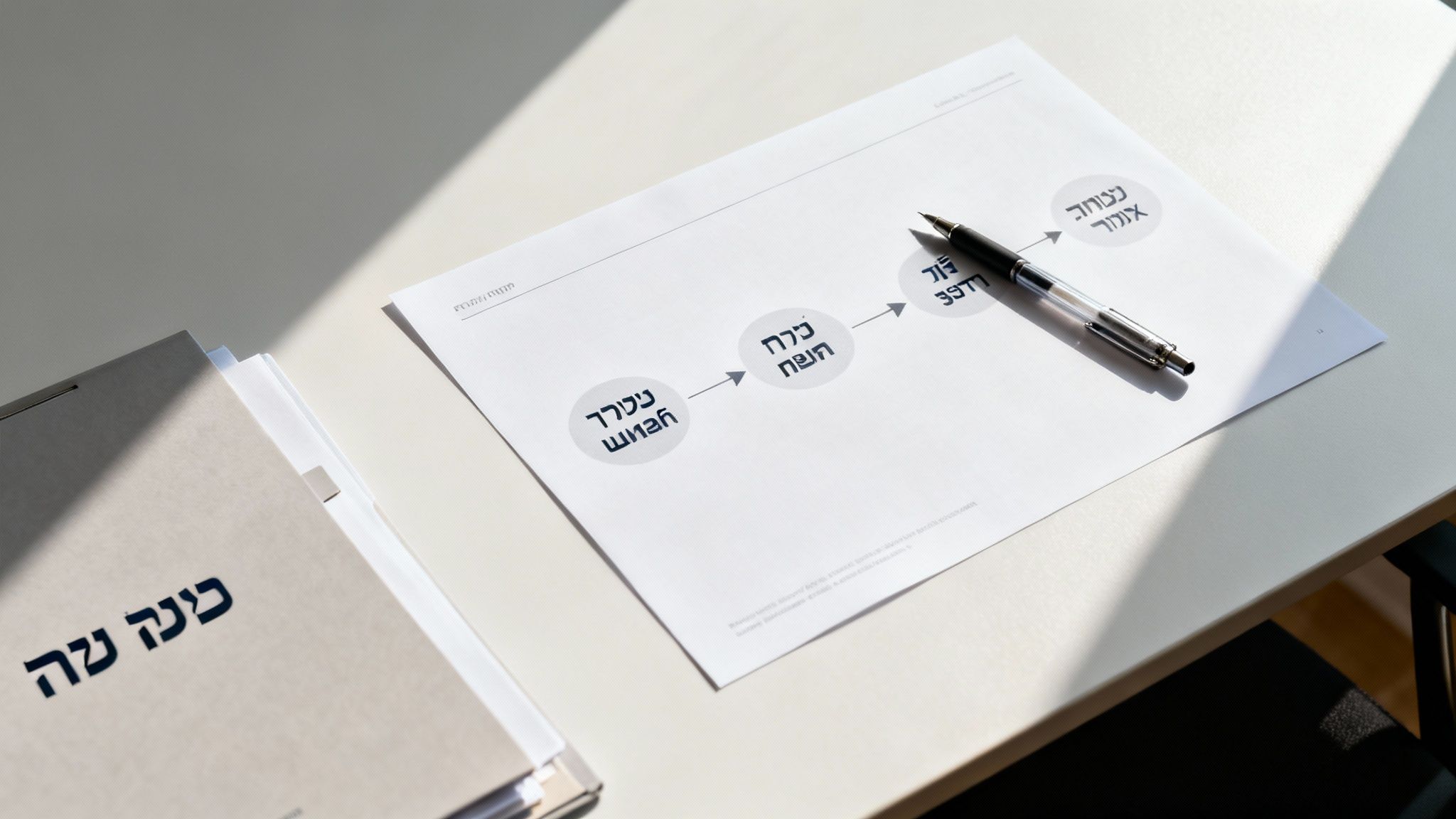 מסמך עם תרשים זרימה בעברית ועט על שולחן עבודה מואר באור שמש.