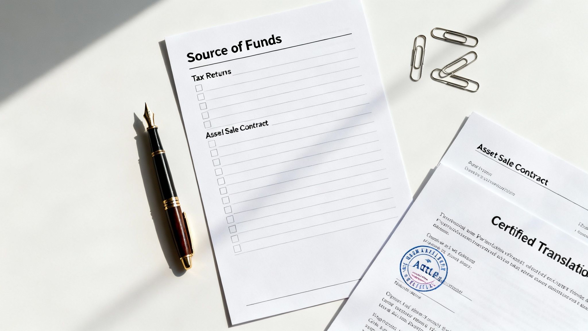 A Source of Funds checklist and Asset Sale Contract with a certified translation stamp, pen, and paper clips.