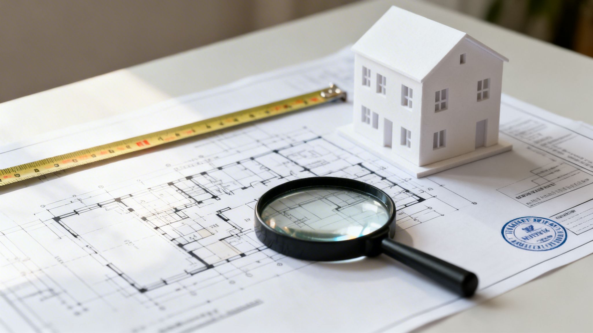 Architectural blueprints, a white house model, measuring tape, and magnifying glass on a table.