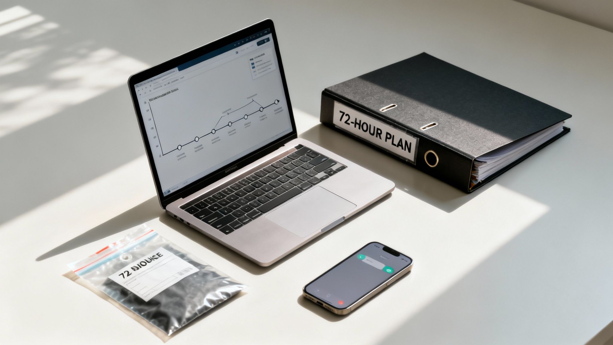 A laptop displaying a graph, a '72-HOUR PLAN' binder, phone, and a '72 DIOUISE' emergency kit.