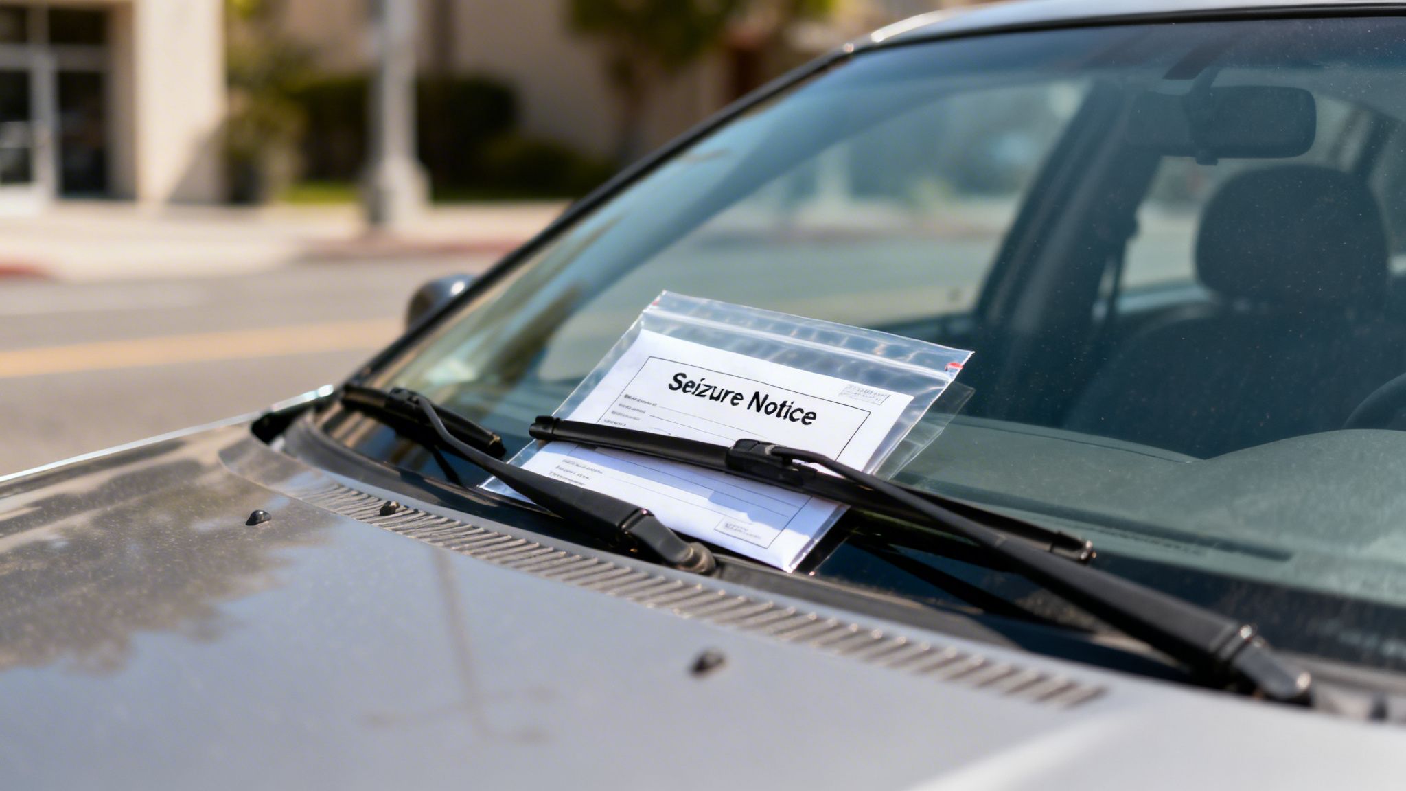 A "Seizure Notice" document in a clear plastic bag under the windshield wiper of a parked car.