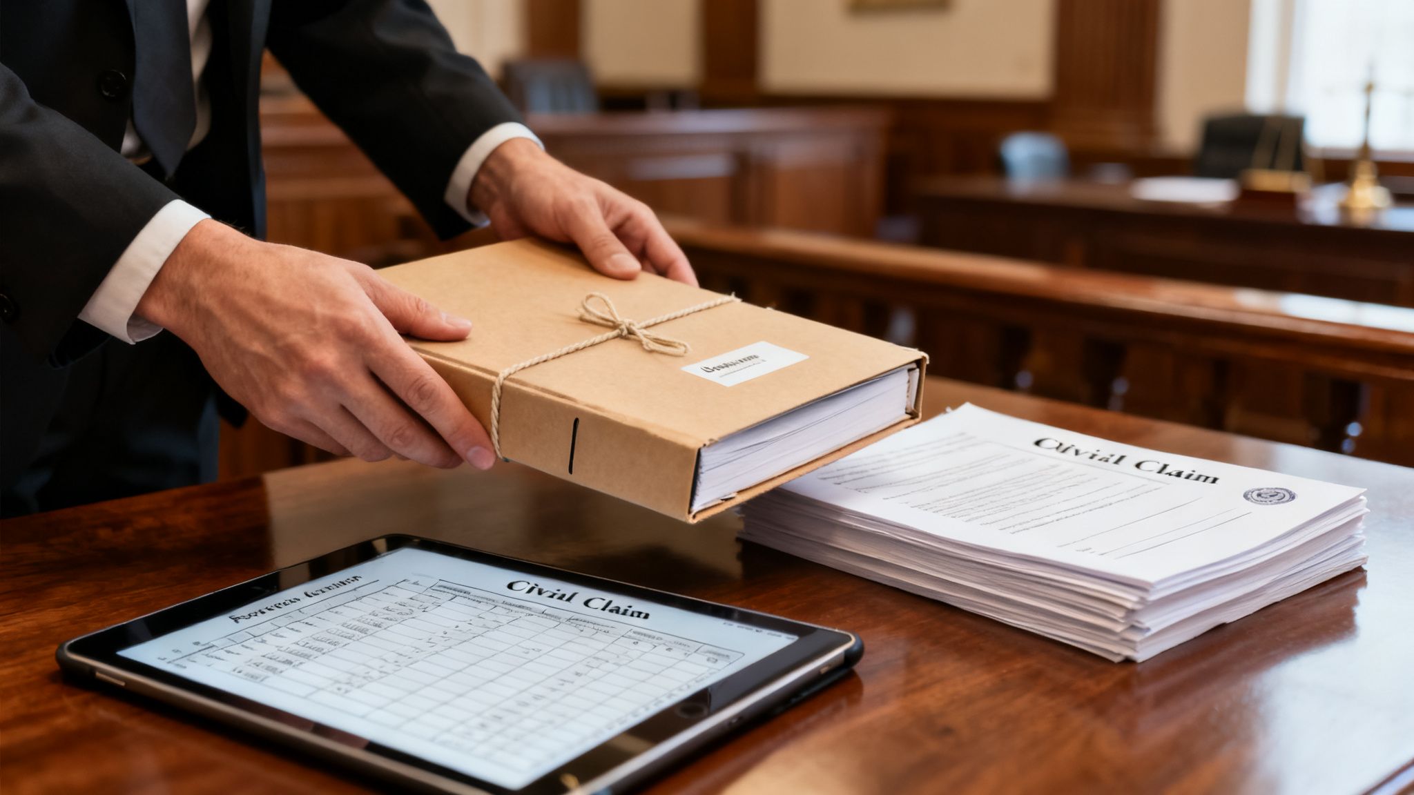 A lawyer in a courtroom handling legal documents, a brown file, and a tablet displaying 'Civil Claim'.