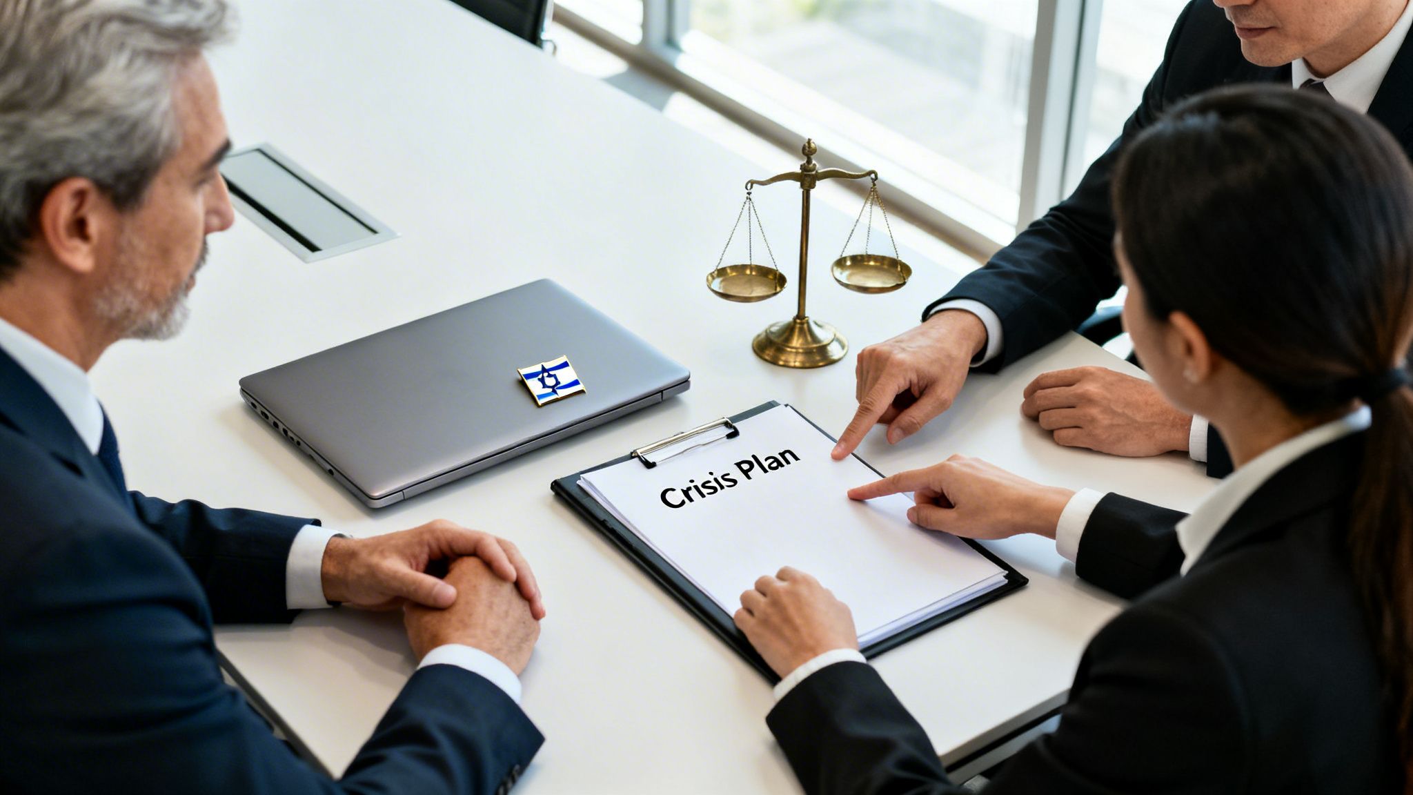 Professionals discuss a crisis plan with scales of justice and an Israeli flag pin, symbolizing legal action.