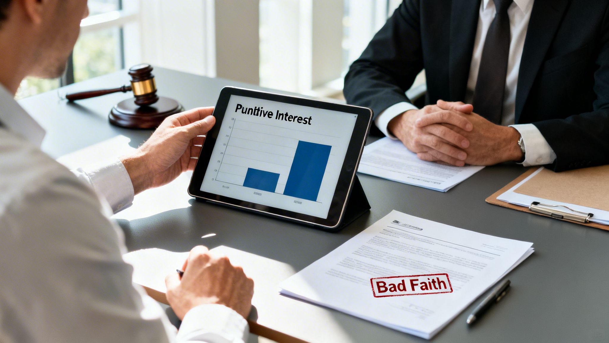 Two men discuss 'Punitive Interest' on a tablet during a legal meeting with a 'Bad Faith' document.