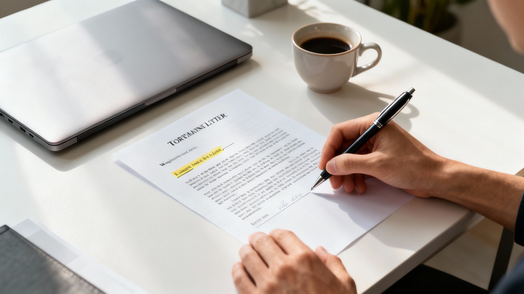 אדם כותב מכתב פיטורים במשרד