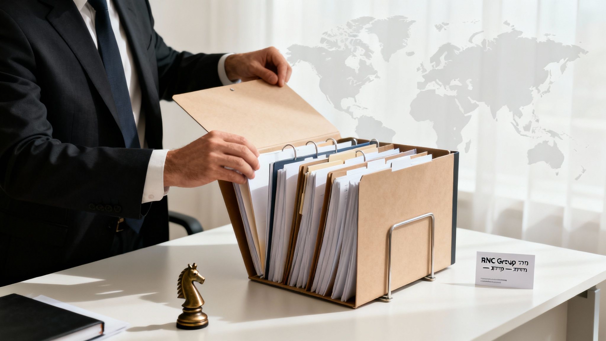 עורך דין בחליפה מסדר מסמכים בתיקייה במשרד, עם מפת עולם ברקע ופרטי קבוצת RNC.