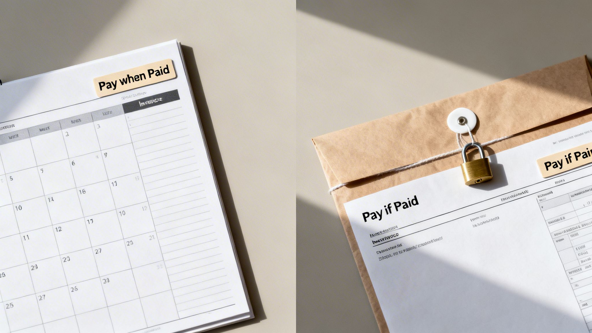 A calendar with a 'Pay when Paid' sticker next to a locked envelope with a 'Pay if Paid' document.