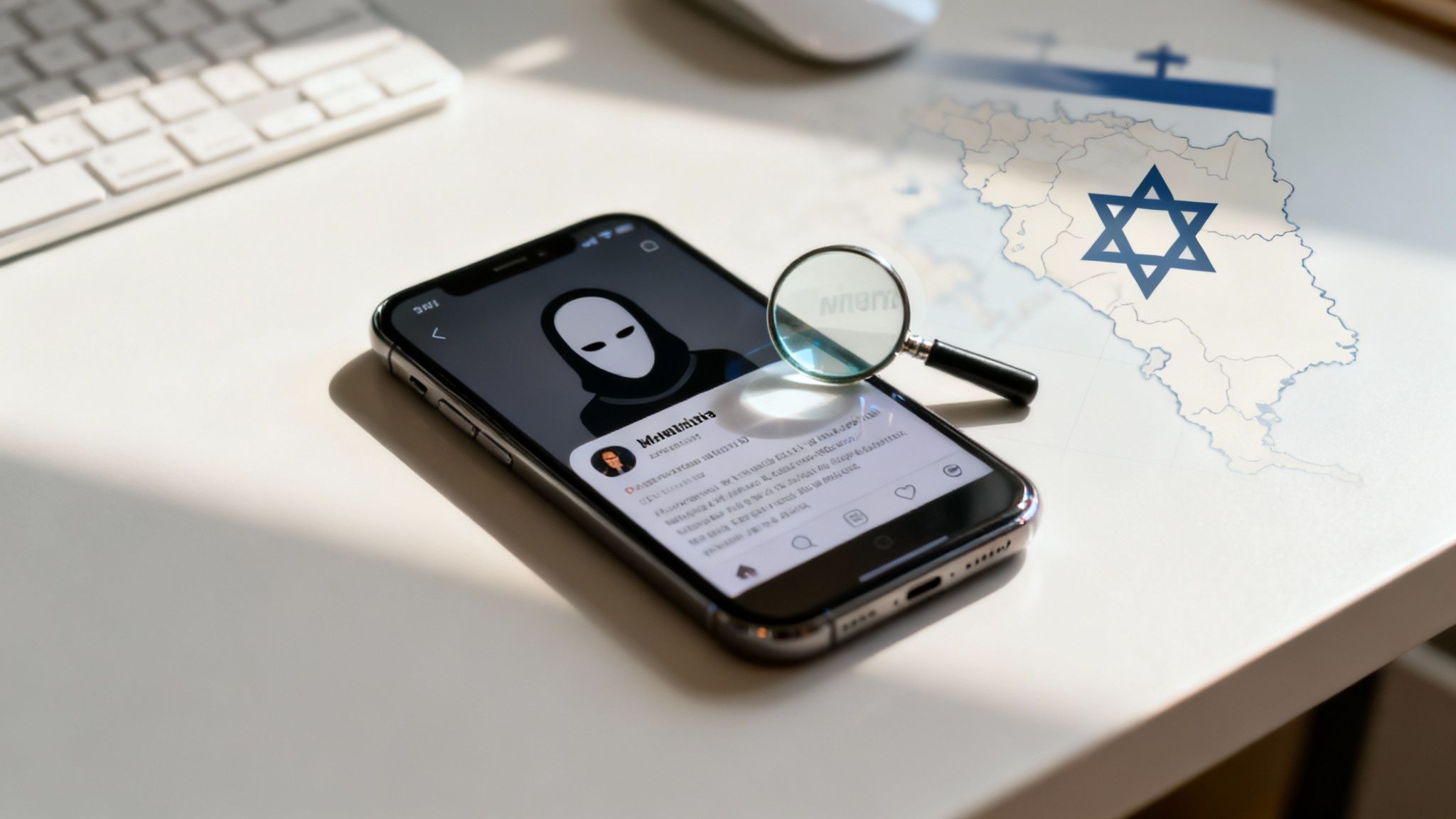 A smartphone displays an anonymous profile, with a magnifying glass over it, against a blurred map of Israel and its flag.