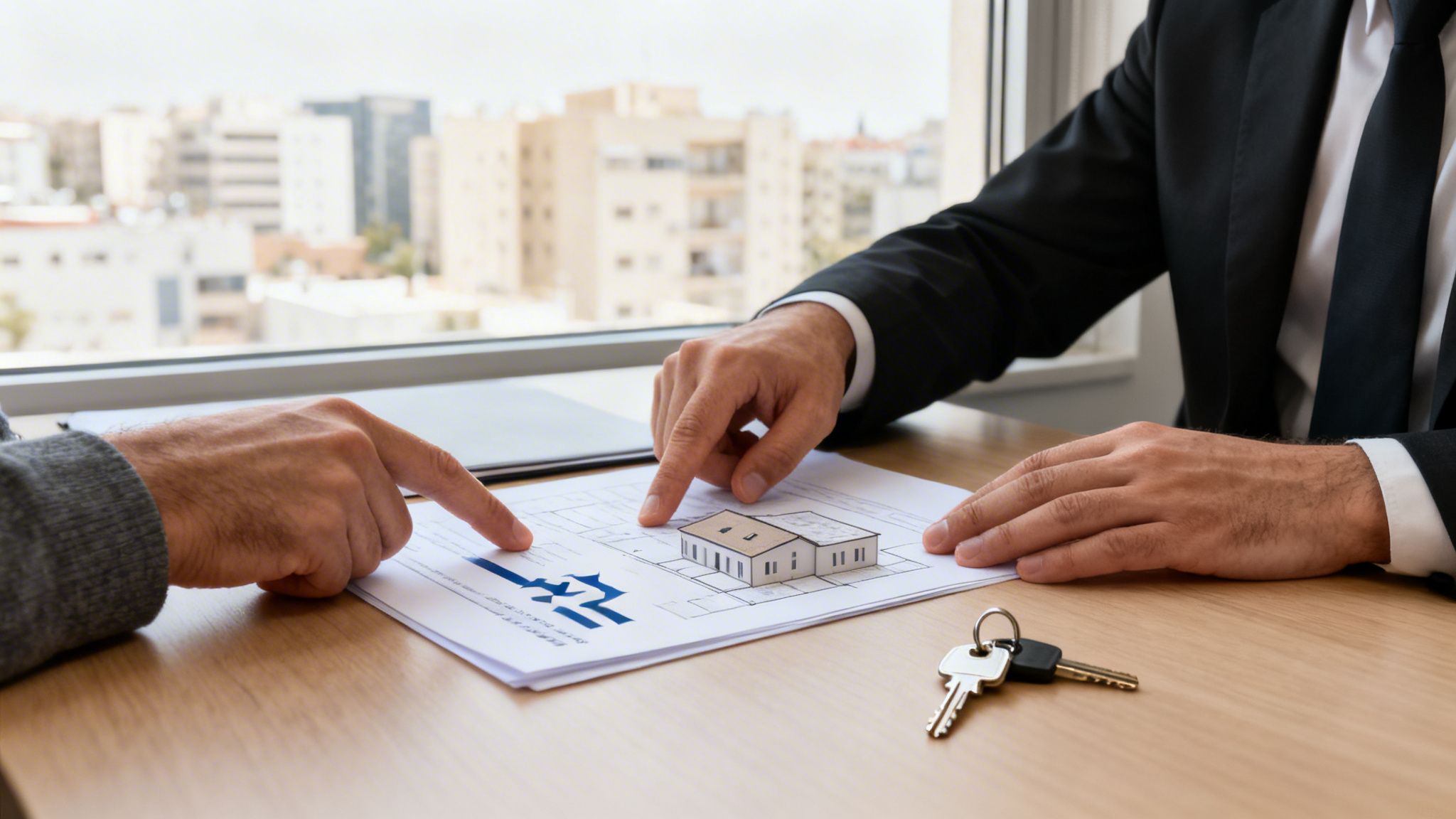 Two men discuss house plans and a 3D house model on paper, with keys on the table.