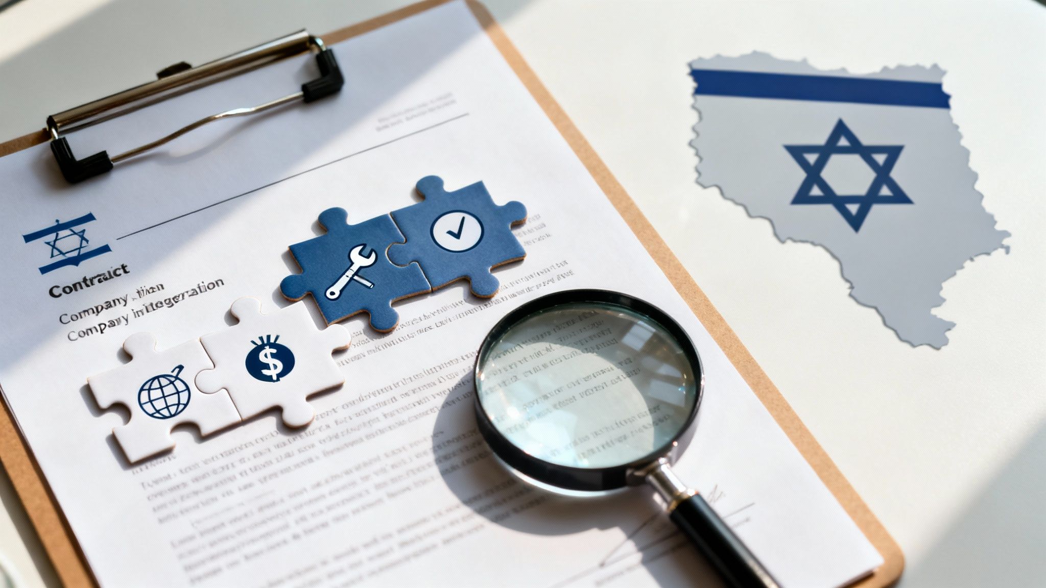 A contract for company integration in Israel, featuring business puzzle pieces and a magnifying glass.