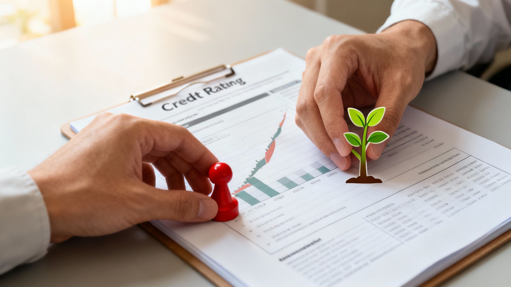ידיים מניחות חייל משחק וצמח על מסמך דירוג אשראי המציג צמיחה עסקית.