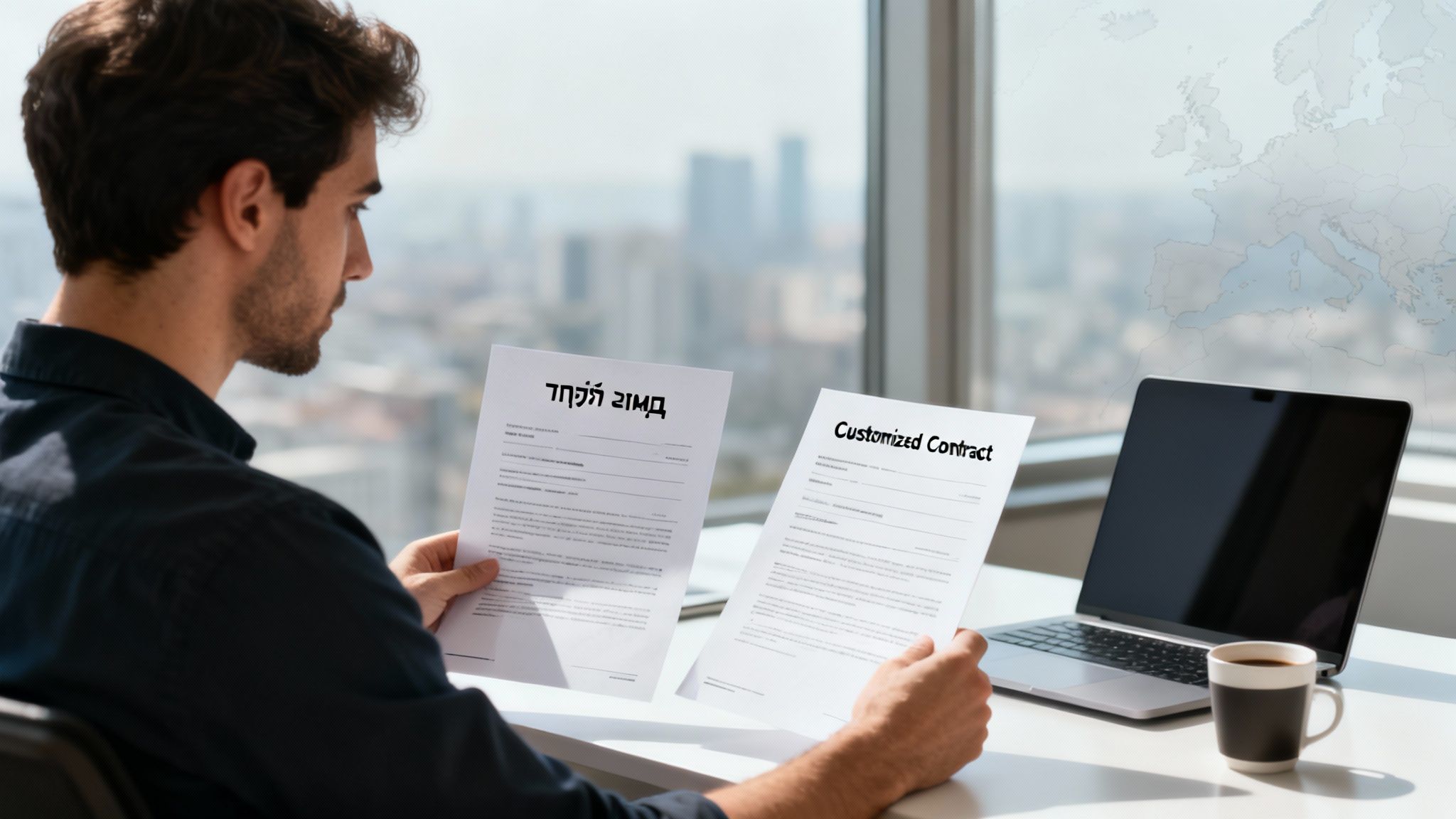 גבר צעיר בוחן שני מסמכי חוזה ליד חלון עם נוף עירוני ומפת אירופה.