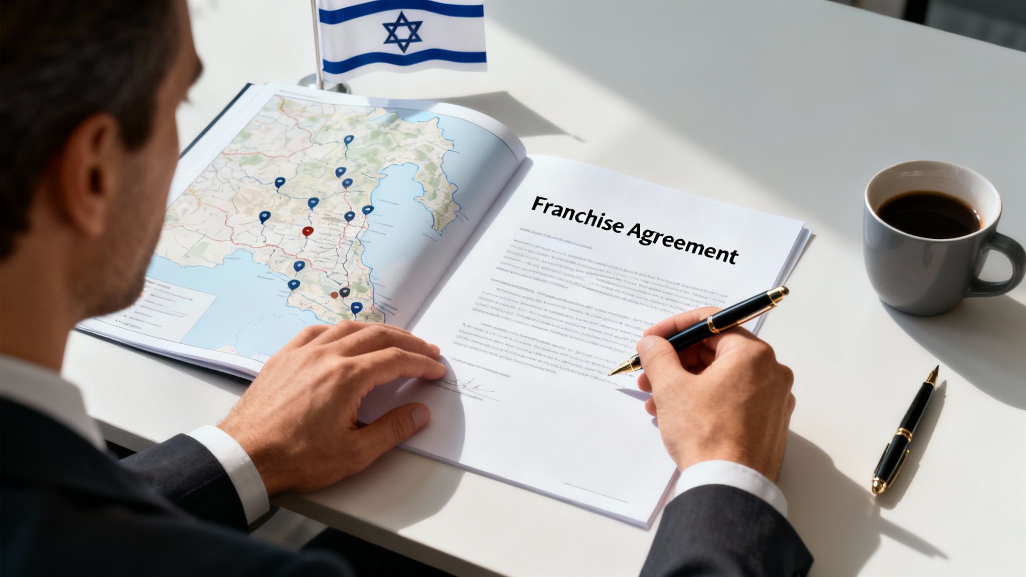 Man signing a franchise agreement document, with a map showing potential locations in Israel and an Israeli flag on the desk.