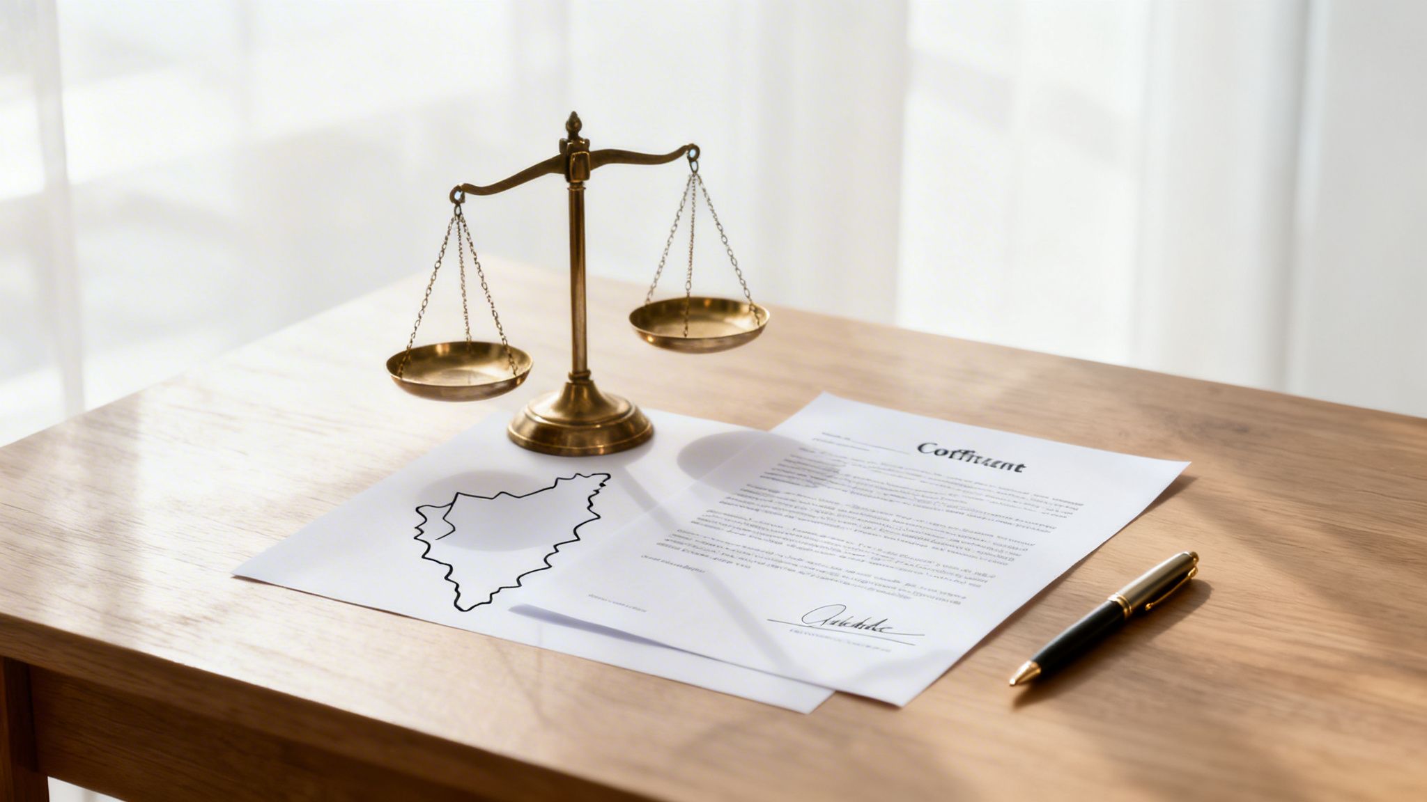 Bronze scales of justice on a wooden desk with legal documents, a pen, and a map outline.
