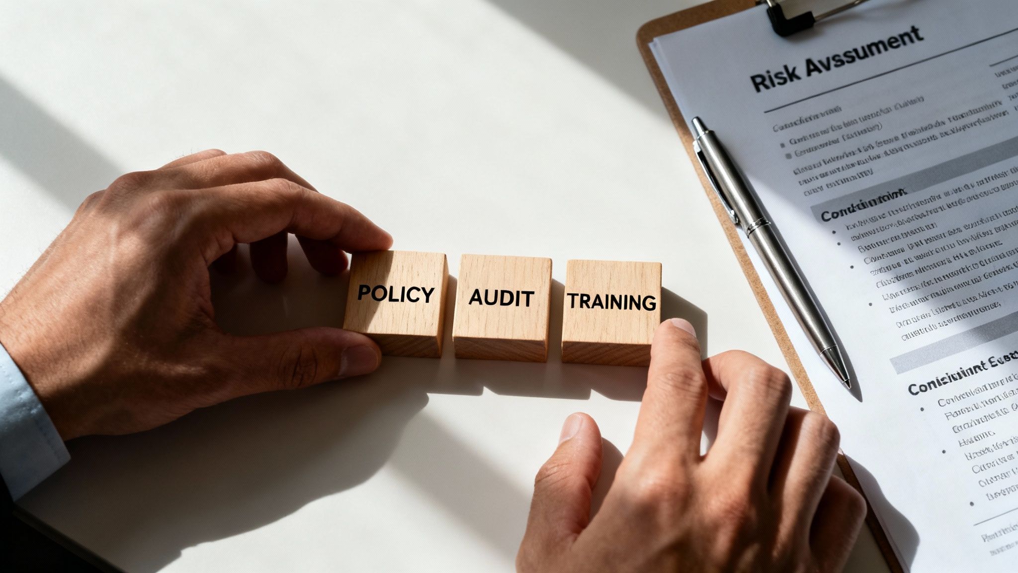 Hands arranging wooden blocks spelling POLICY, AUDIT, TRAINING, beside a Risk Assessment document.