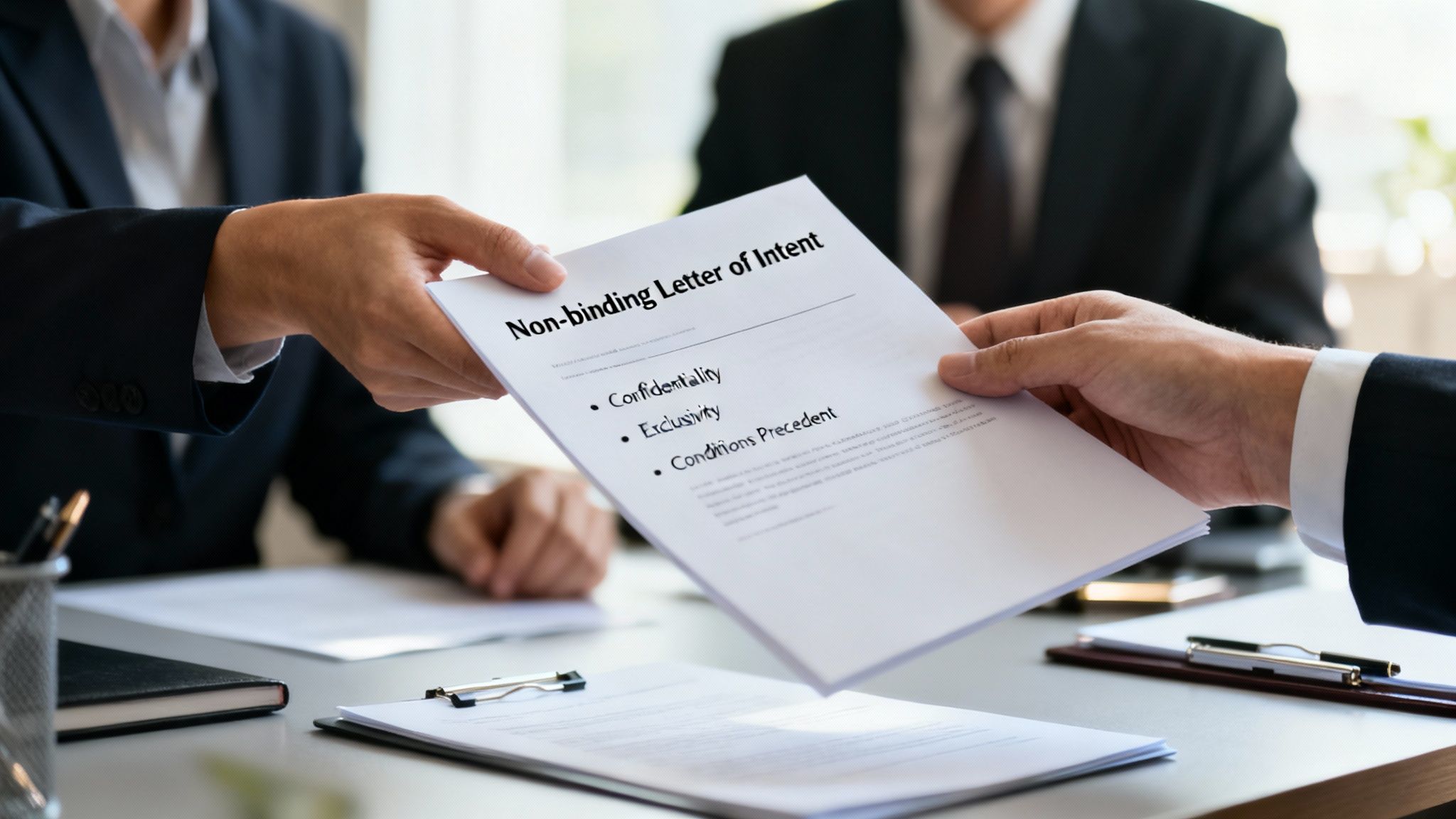 Two business people exchange a Non-binding Letter of Intent document during a formal meeting.