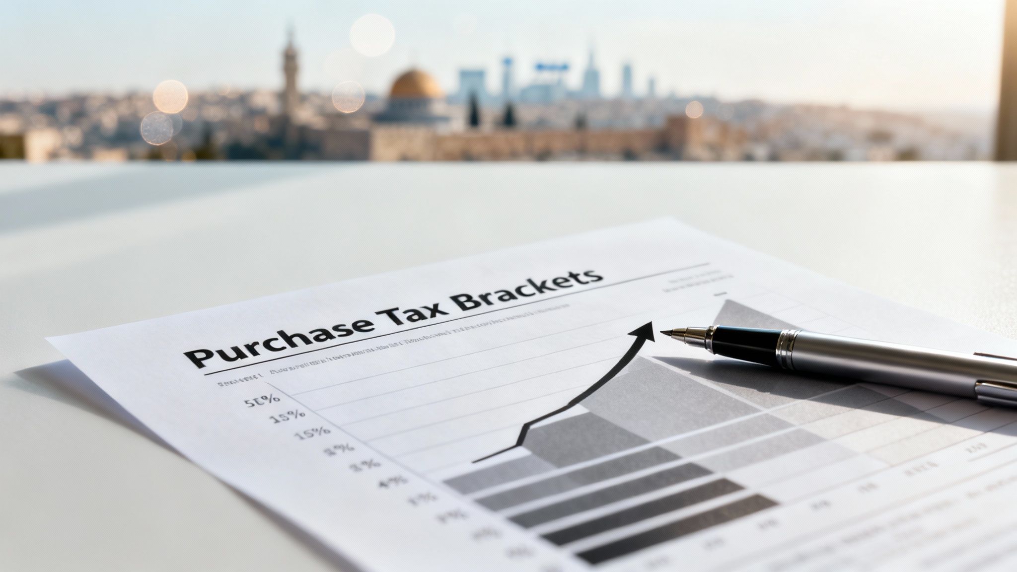 A document detailing purchase tax brackets with a rising graph and a pen, against a blurred city skyline of Jerusalem.