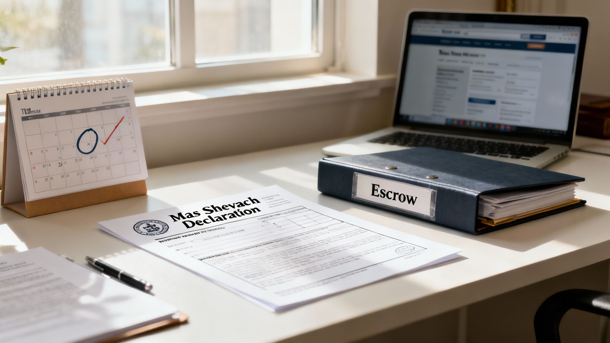A desk with a 'Mas Shevach Declaration' form, 'Escrow' binder, and calendar, suggesting real estate tax preparations.