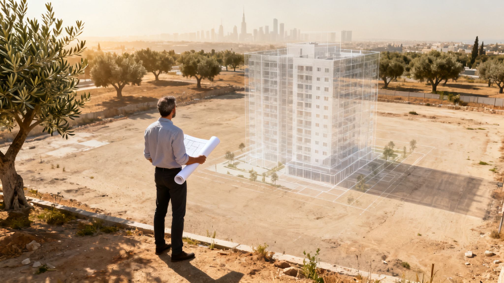 An architect holding blueprints envisions a transparent 3D building model on a construction site with a distant city skyline.