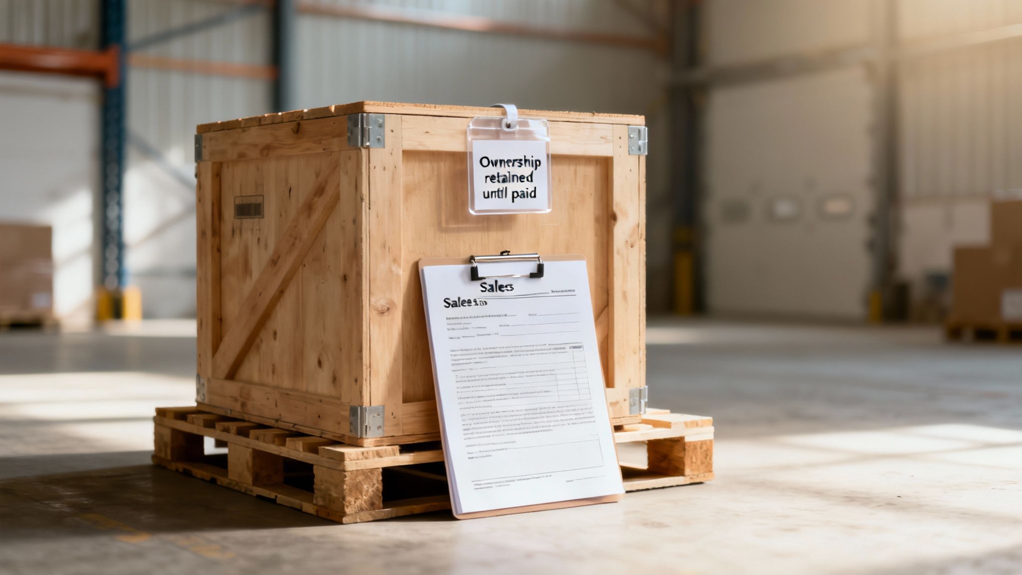 Large wooden crate on a pallet in a warehouse with an 'Ownership retained' sign and sales document.