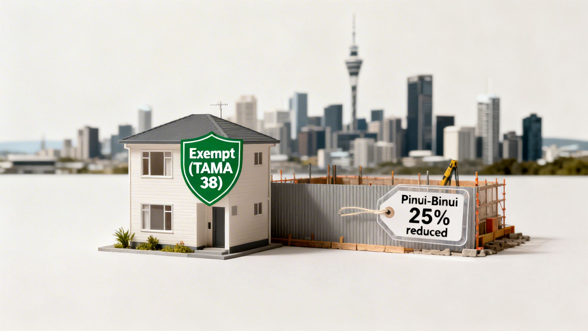 Model house with 'Exempt (TAMA 38)' shield and a construction site displaying 'Pinui-Binui 25% reduced' tag, cityscape background.