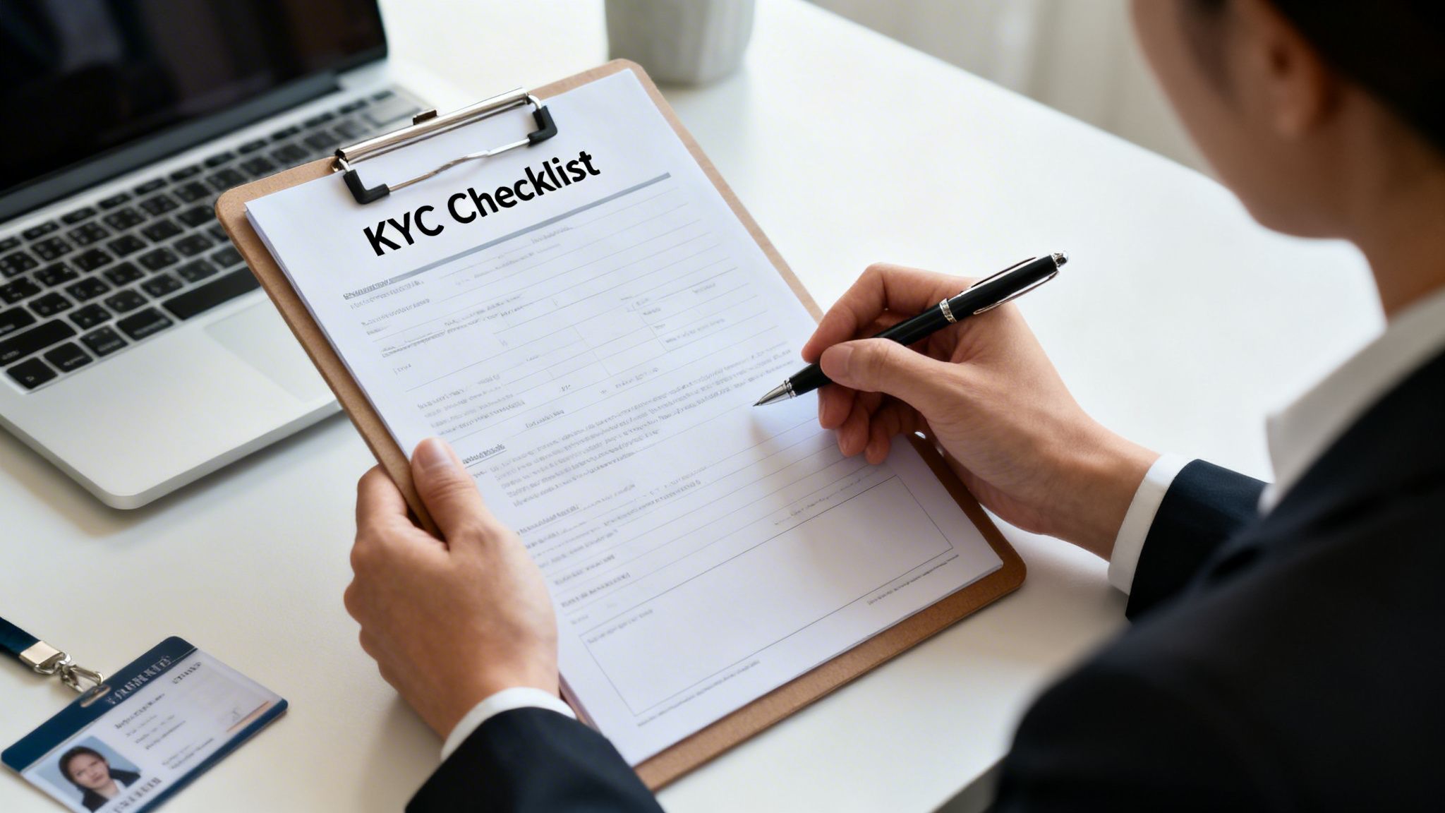 Close-up of a person's hands filling out a KYC Checklist document with a pen.