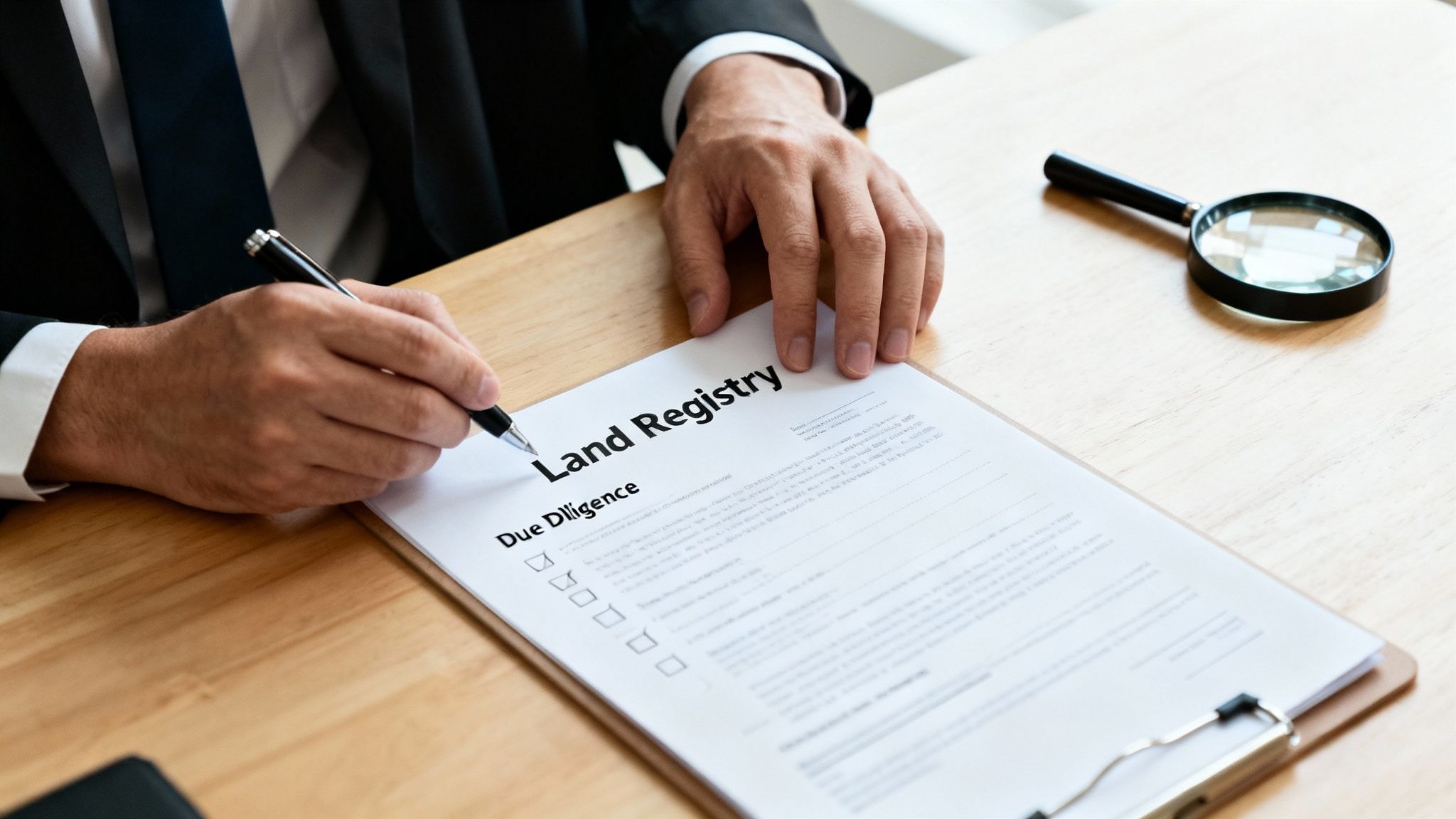A person signs a 'Land Registry Due Diligence' document with a pen, a magnifying glass on the table.
